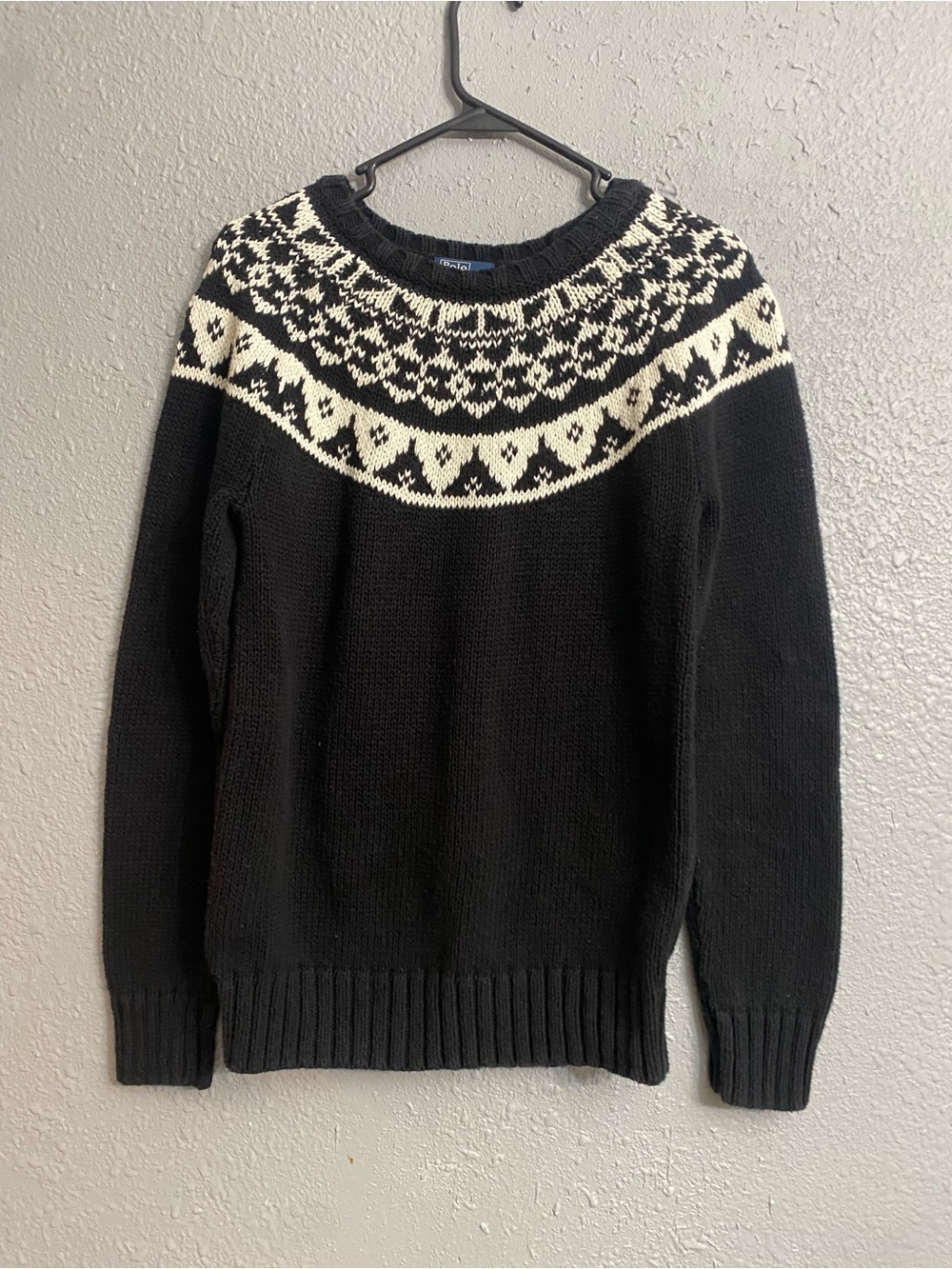 Polo by Ralph Lauren Black Cream Nordic Yoke Crewneck Fair Isle Sweater Vintage